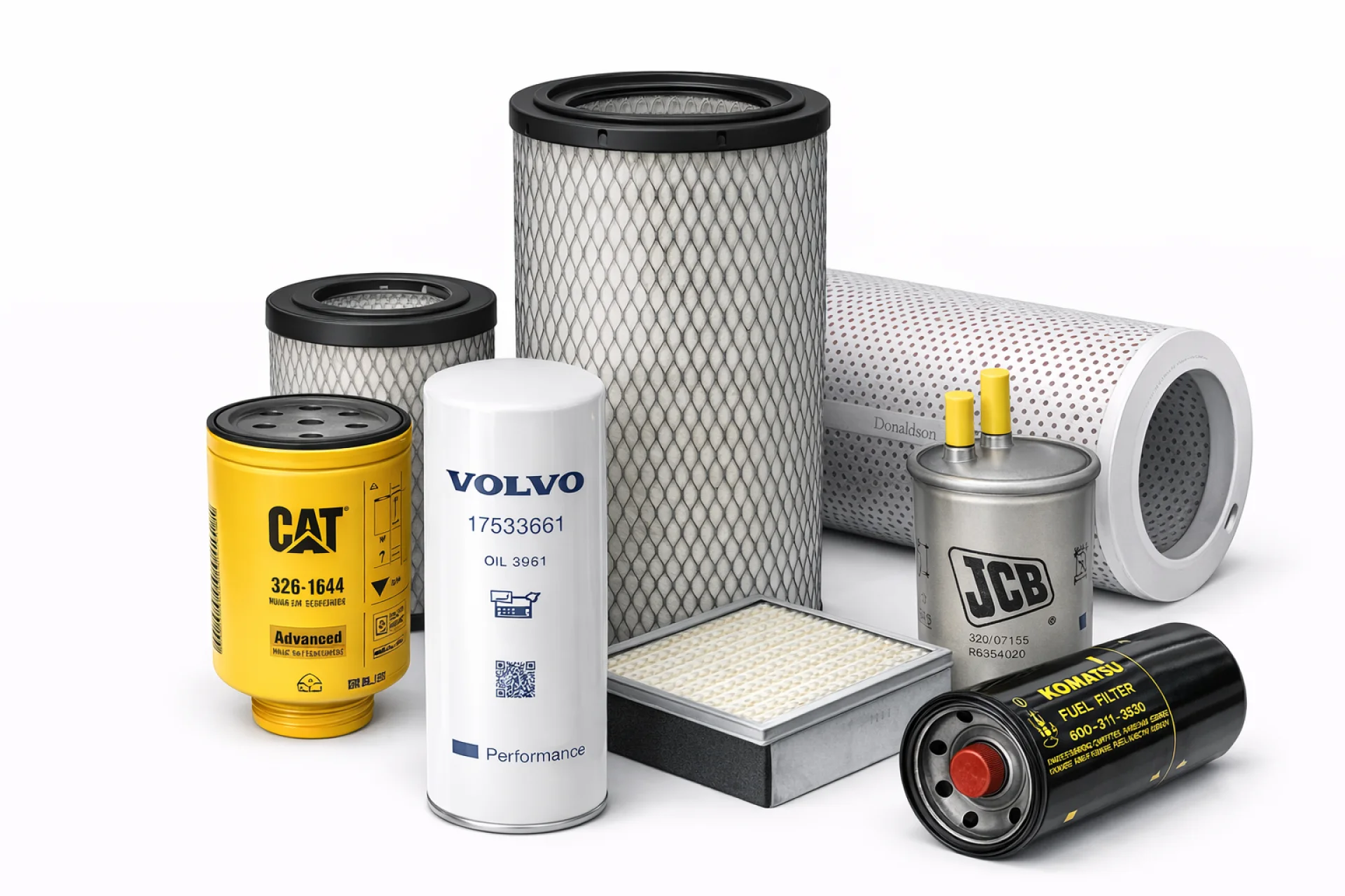 Air, oil, fuel and hydraulic filters for Caterpillar, Komatsu, Volvo, JCB heavy equipment